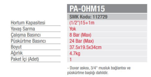 Palmera PA-OHM15 Otomatik Hortum Makarası 15M Geri Sarımlı